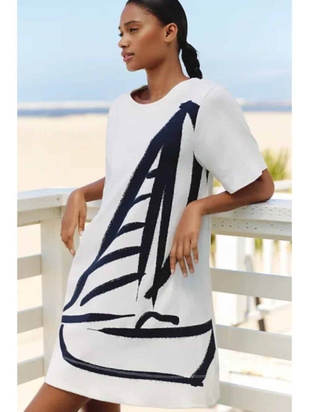 Celandine Anthropologie Short-sleeve Cotton Mini Swing Dress White Black Sz XXS